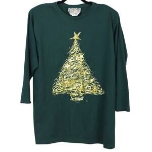 Vintage 80s Green Christmas Top Hand Painted Gold Tree Puff Paint 3/4 Sleeve
